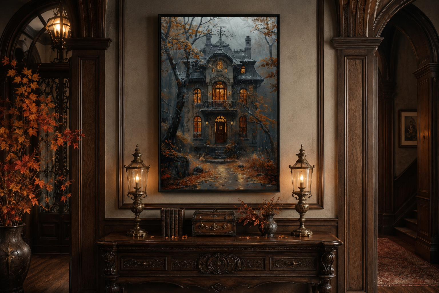 Moody Victorian House In Autumn under Rain Framed Canvas Wall Art