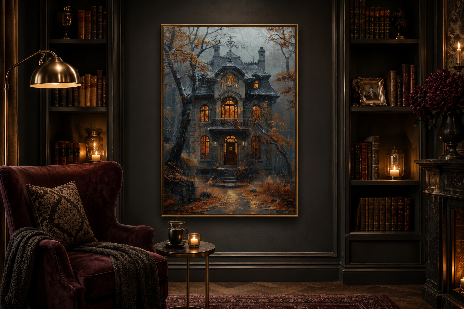 Moody Victorian House In Autumn under Rain Framed Canvas Wall Art