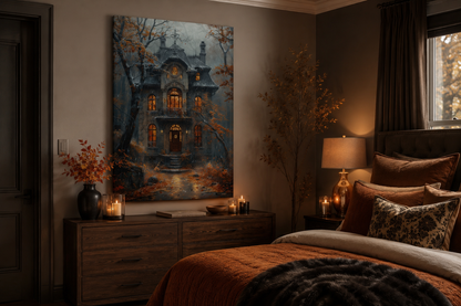 Moody Victorian House In Autumn under Rain Framed Canvas Wall Art