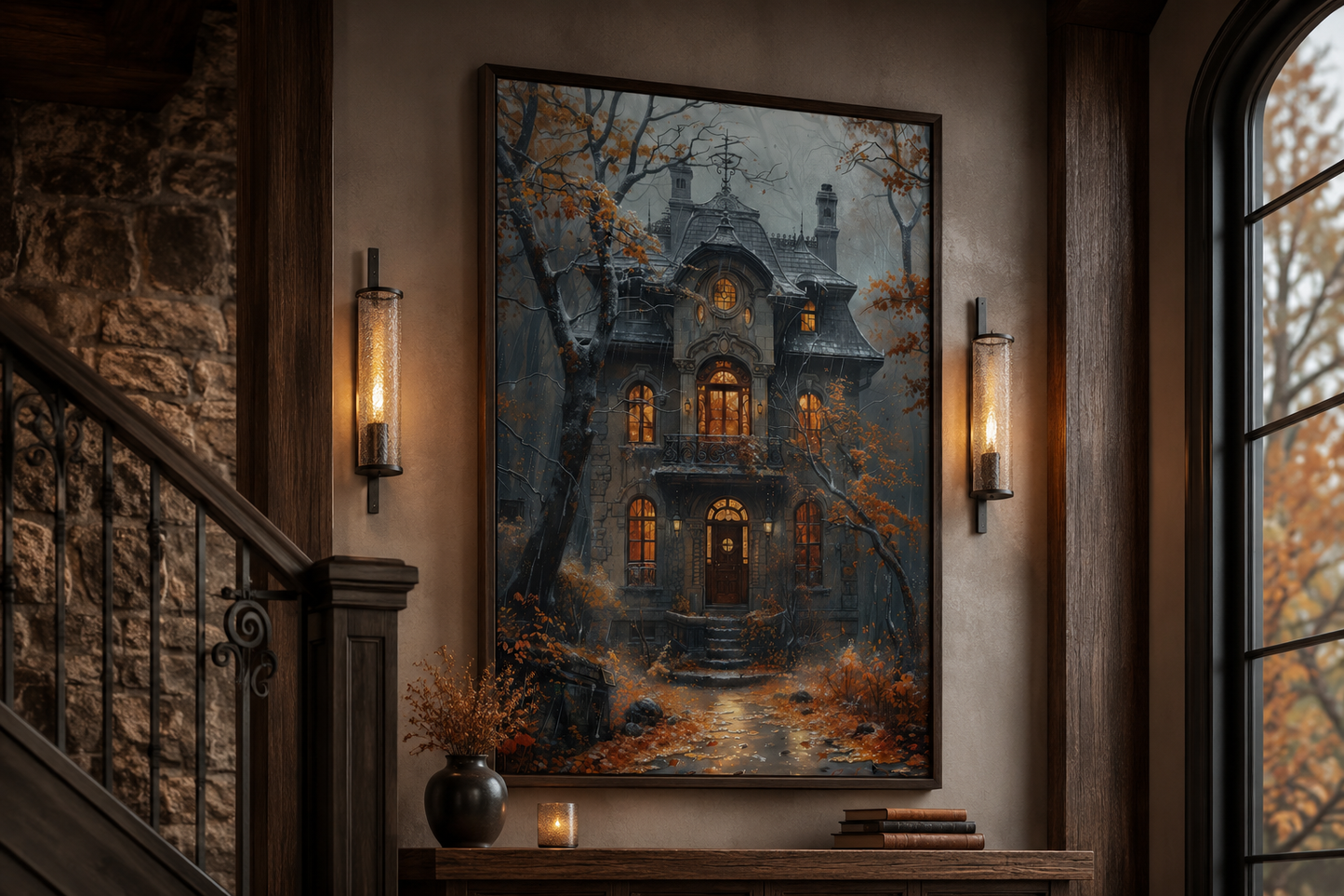Moody Victorian House In Autumn under Rain Framed Canvas Wall Art