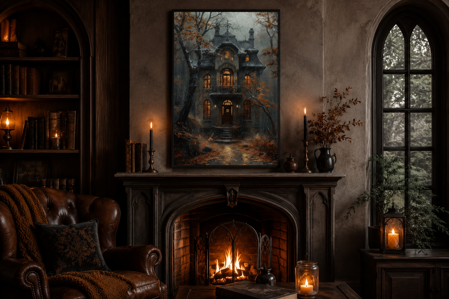 Moody Victorian House In Autumn under Rain Framed Canvas Wall Art