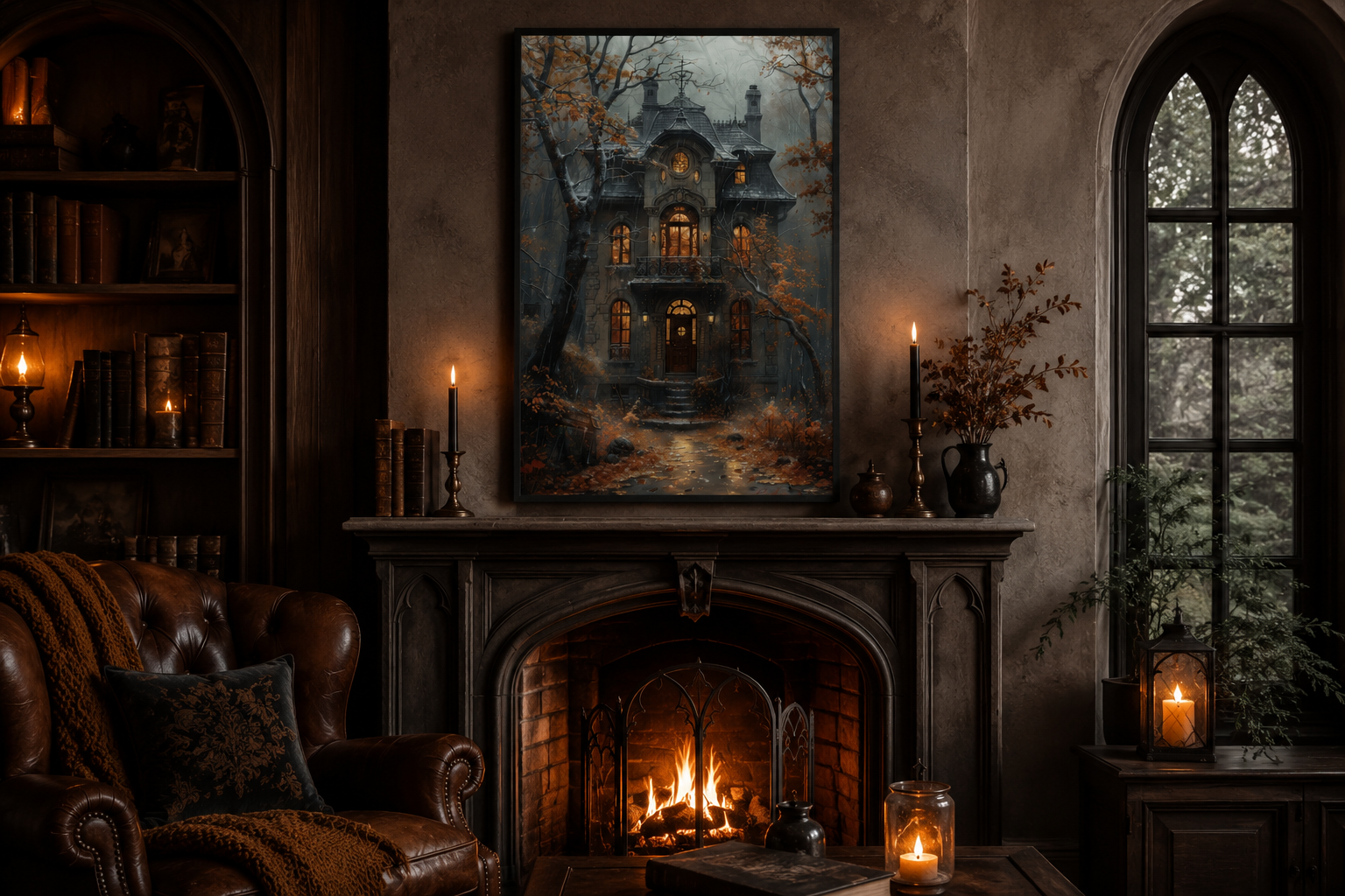 Moody Victorian House In Autumn under Rain Framed Canvas Wall Art