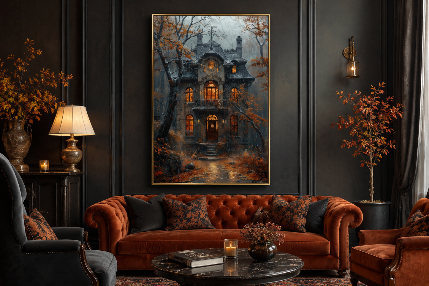 Moody Victorian House In Autumn under Rain Framed Canvas Wall Art