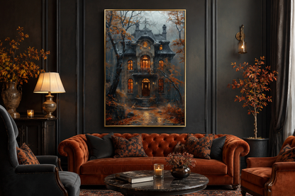 Moody Victorian House In Autumn under Rain Framed Canvas Wall Art