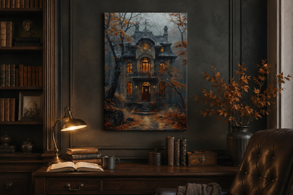 Moody Victorian House In Autumn under Rain Framed Canvas Wall Art