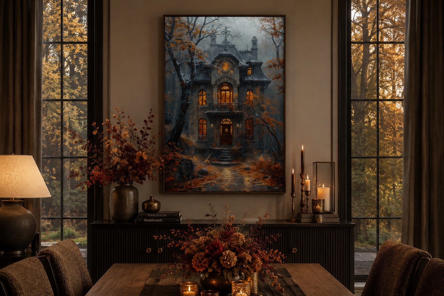 Moody Victorian House In Autumn under Rain Framed Canvas Wall Art