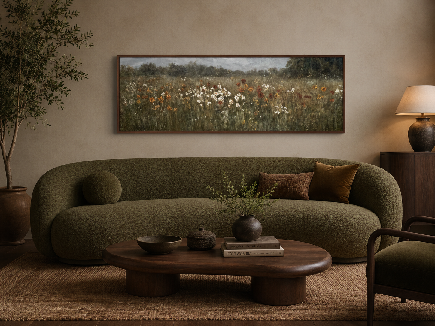 Moody Muted Wildflowers Field Long Horizontal Canvas Above Bed Wall Art