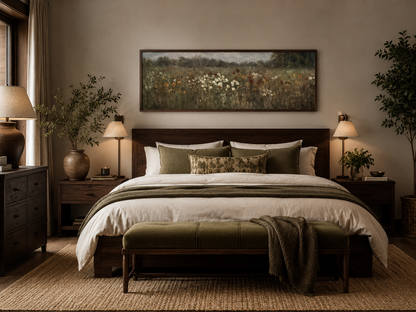 Moody Muted Wildflowers Field Long Horizontal Canvas Above Bed Wall Art