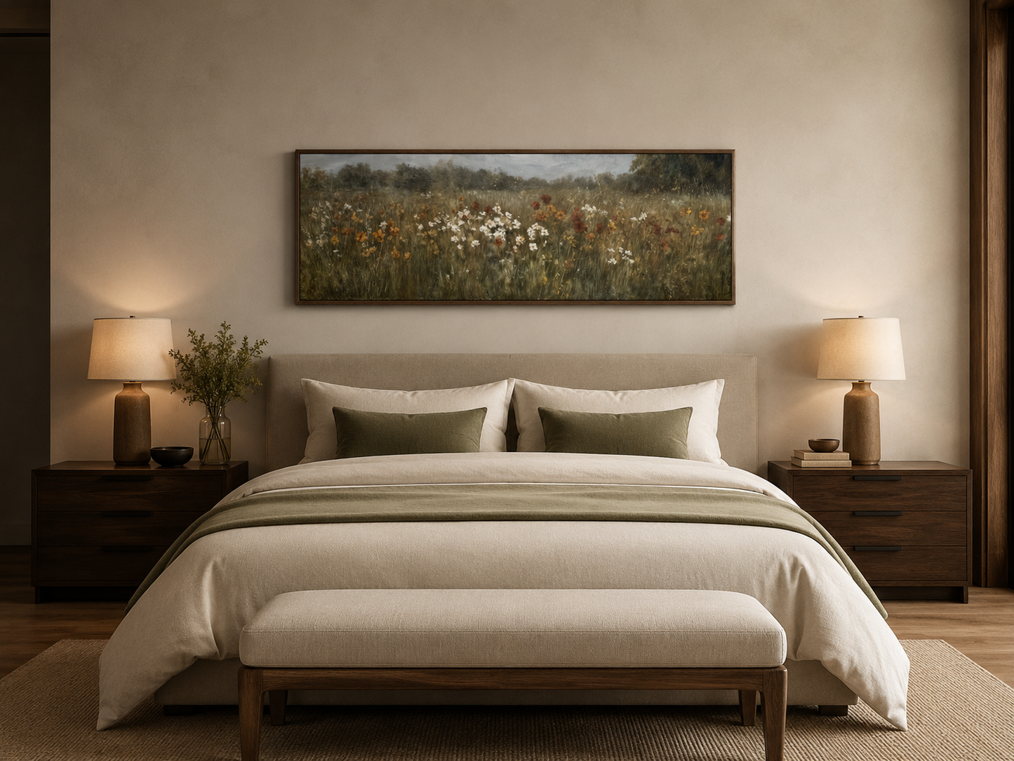 Moody Muted Wildflowers Field Long Horizontal Canvas Above Bed Wall Art