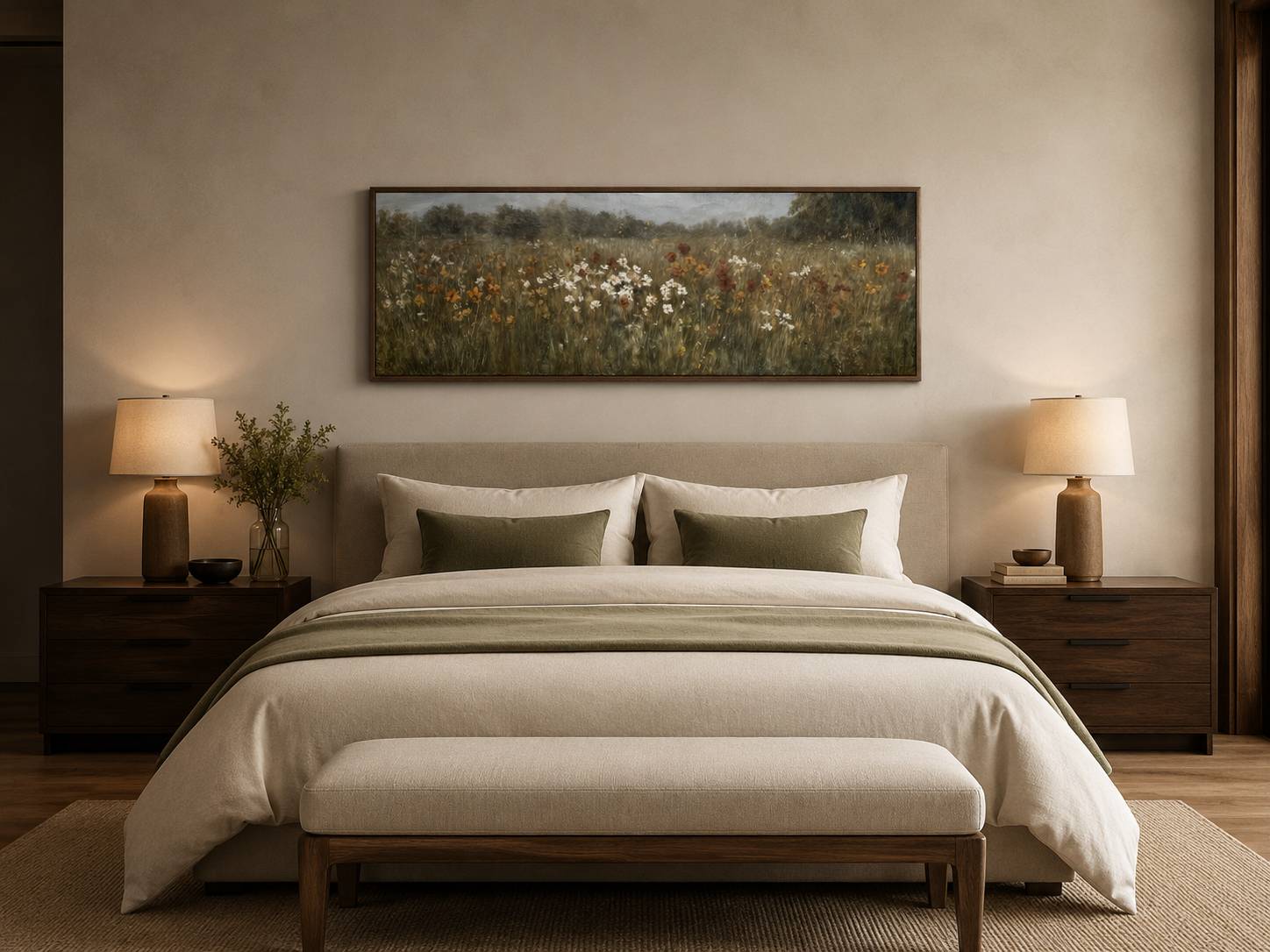Moody Muted Wildflowers Field Long Horizontal Canvas Above Bed Wall Art
