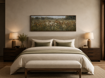 Moody Muted Wildflowers Field Long Horizontal Canvas Above Bed Wall Art