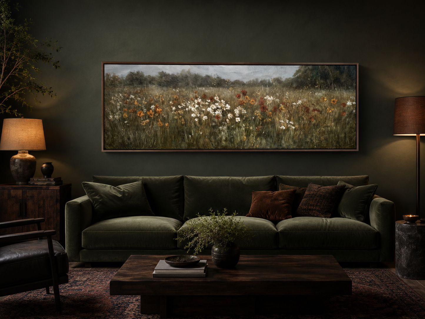 Moody Muted Wildflowers Field Long Horizontal Canvas Above Bed Wall Art