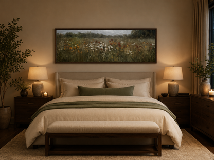 Moody Muted Wildflowers Field Long Horizontal Canvas Above Bed Wall Art