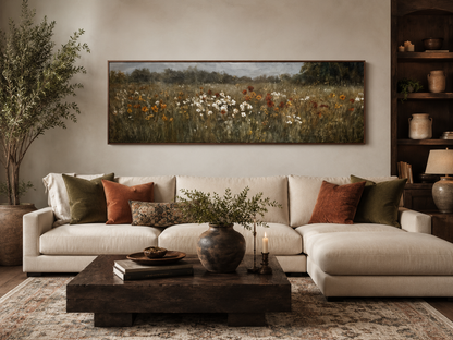Moody Muted Wildflowers Field Long Horizontal Canvas Above Bed Wall Art