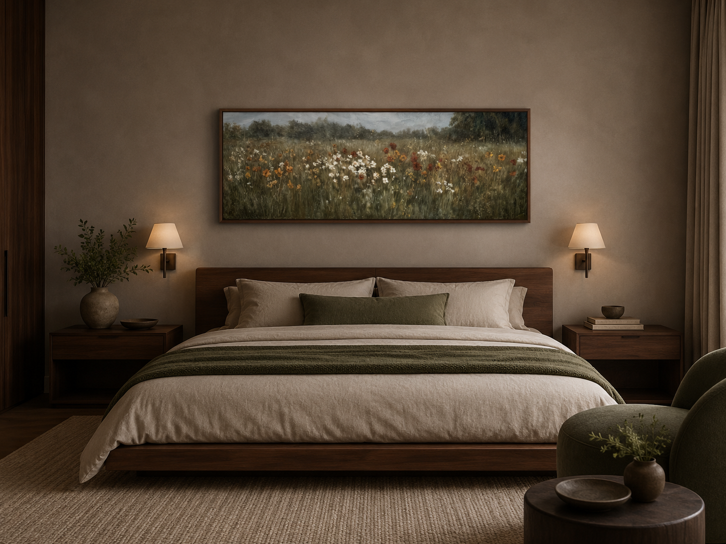 Moody Muted Wildflowers Field Long Horizontal Canvas Above Bed Wall Art