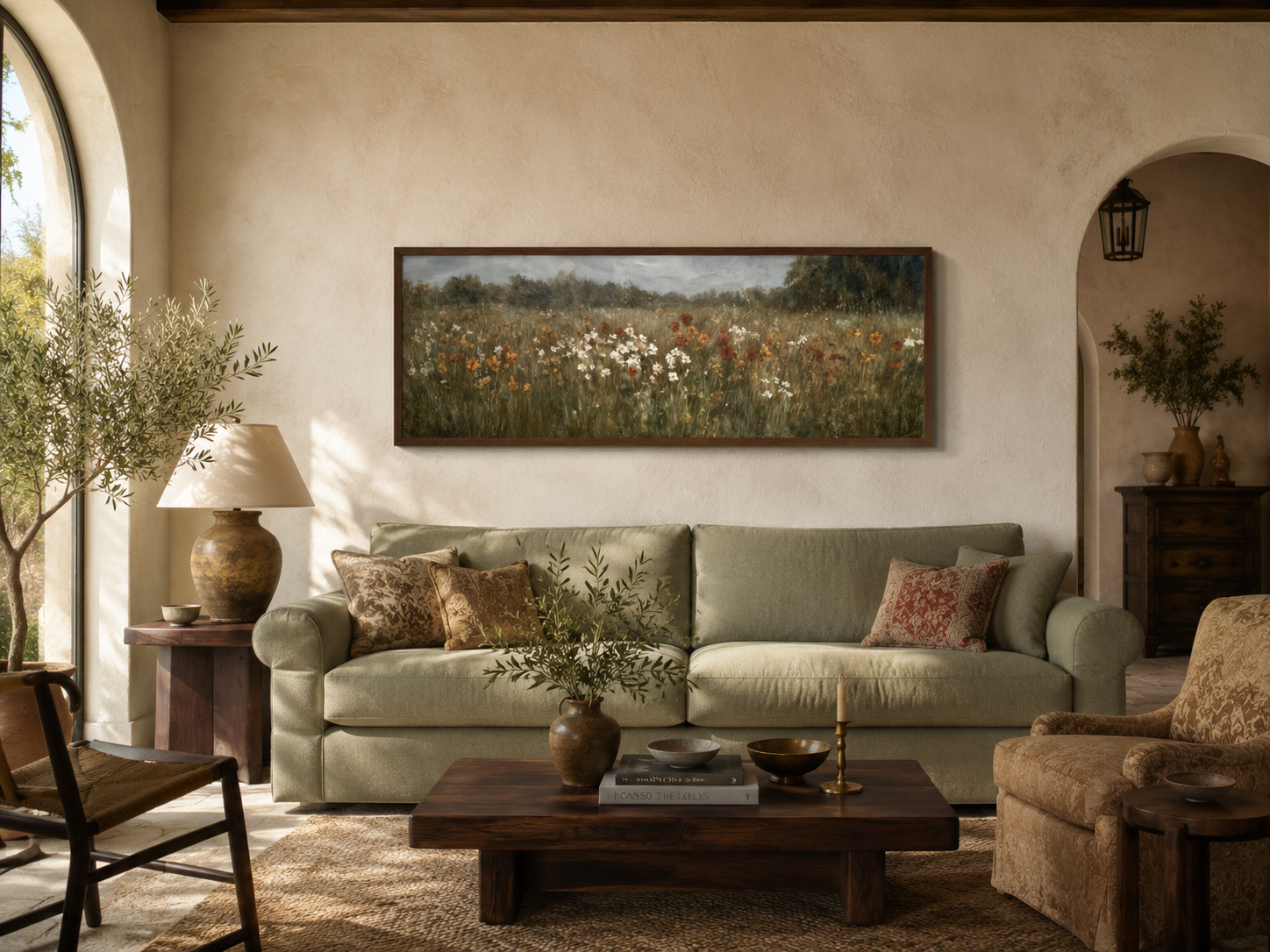 Moody Muted Wildflowers Field Long Horizontal Canvas Above Bed Wall Art