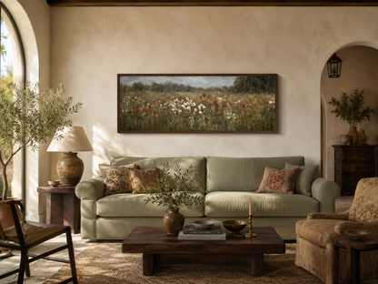 Moody Muted Wildflowers Field Long Horizontal Canvas Above Bed Wall Art