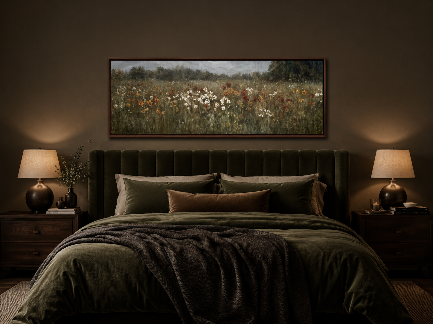 Moody Muted Wildflowers Field Long Horizontal Canvas Above Bed Wall Art