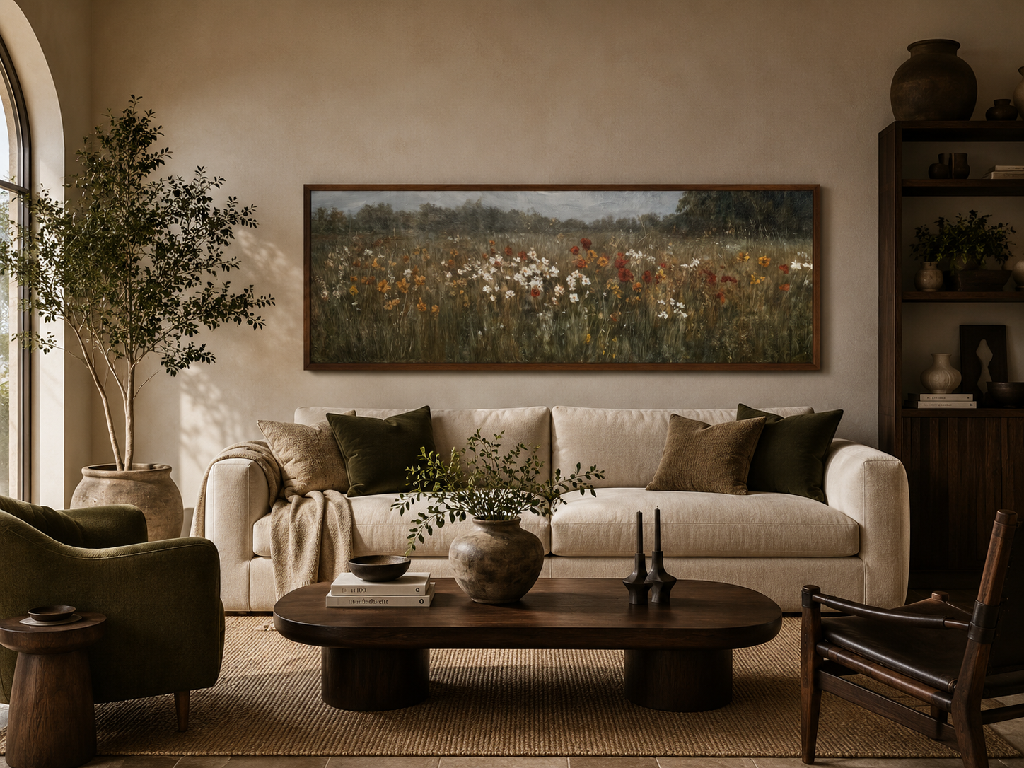 Moody Muted Wildflowers Field Long Horizontal Canvas Above Bed Wall Art