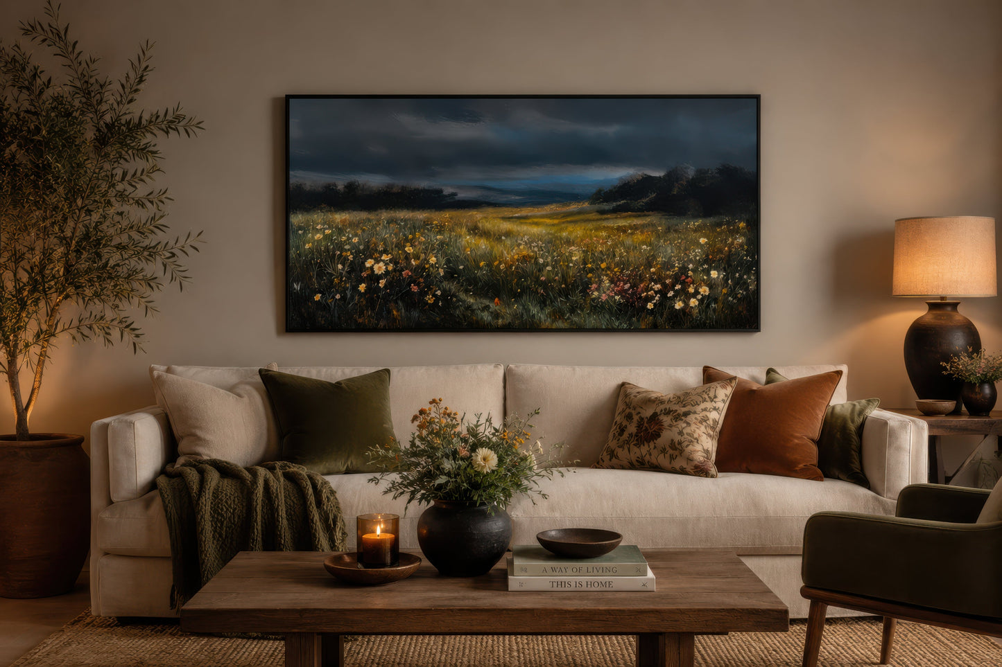 Moody Wildflowers Meadow At Night Canvas Wall Art