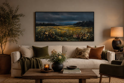 Moody Wildflowers Meadow At Night Canvas Wall Art