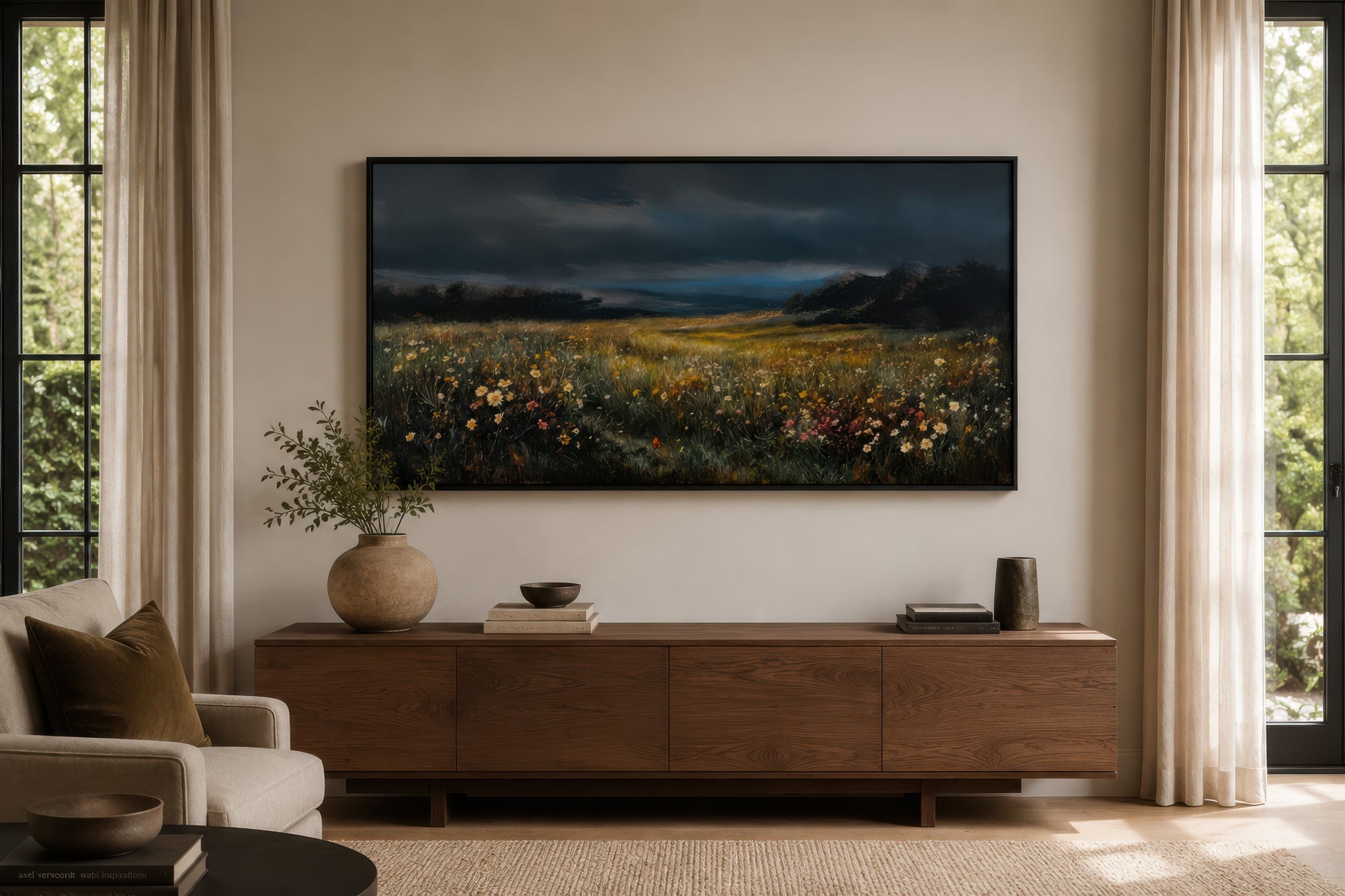 Moody Wildflowers Meadow At Night Canvas Wall Art