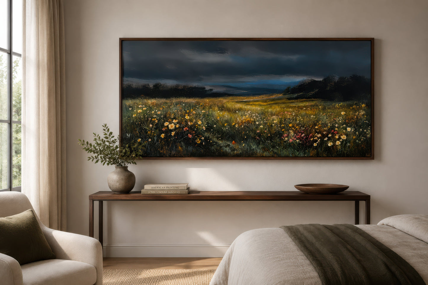 Moody Wildflowers Meadow At Night Canvas Wall Art