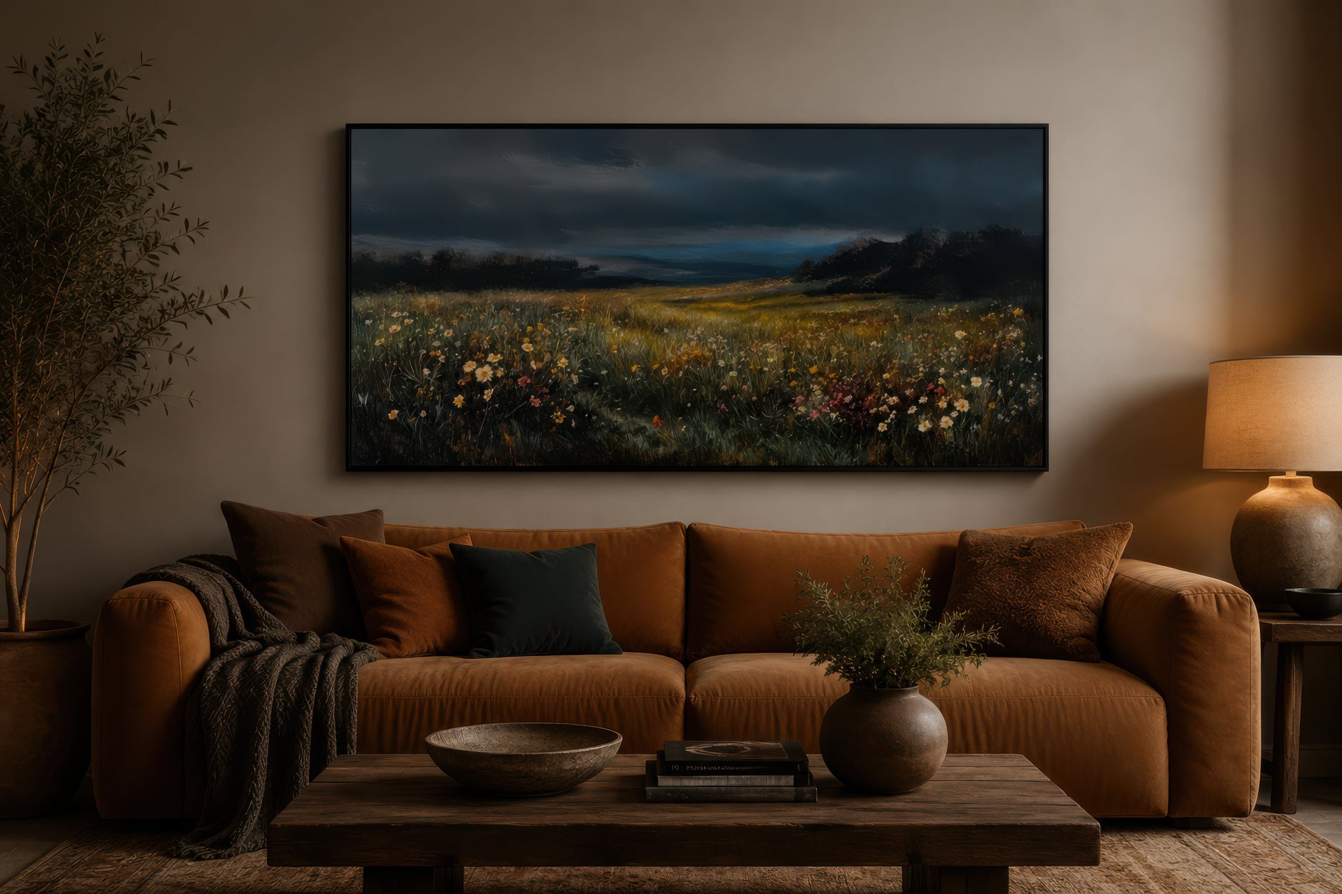 Moody Wildflowers Meadow At Night Canvas Wall Art