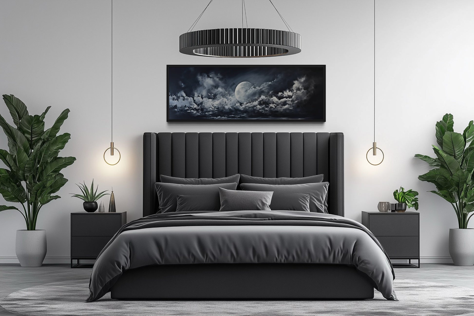 Moon And Cloudy Sky Horizontal Framed Canvas Wall Art