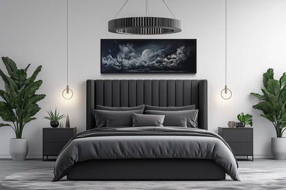 Moon And Cloudy Sky Horizontal Framed Canvas Wall Art