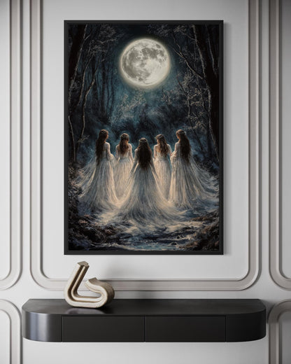 Moon Calling Wall Art - Gothic Witches In The Forest Vertical Canvas Print