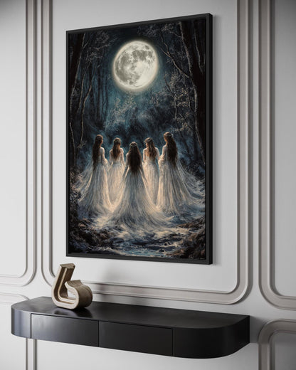 Moon Calling Wall Art - Gothic Witches In The Forest Vertical Canvas Print