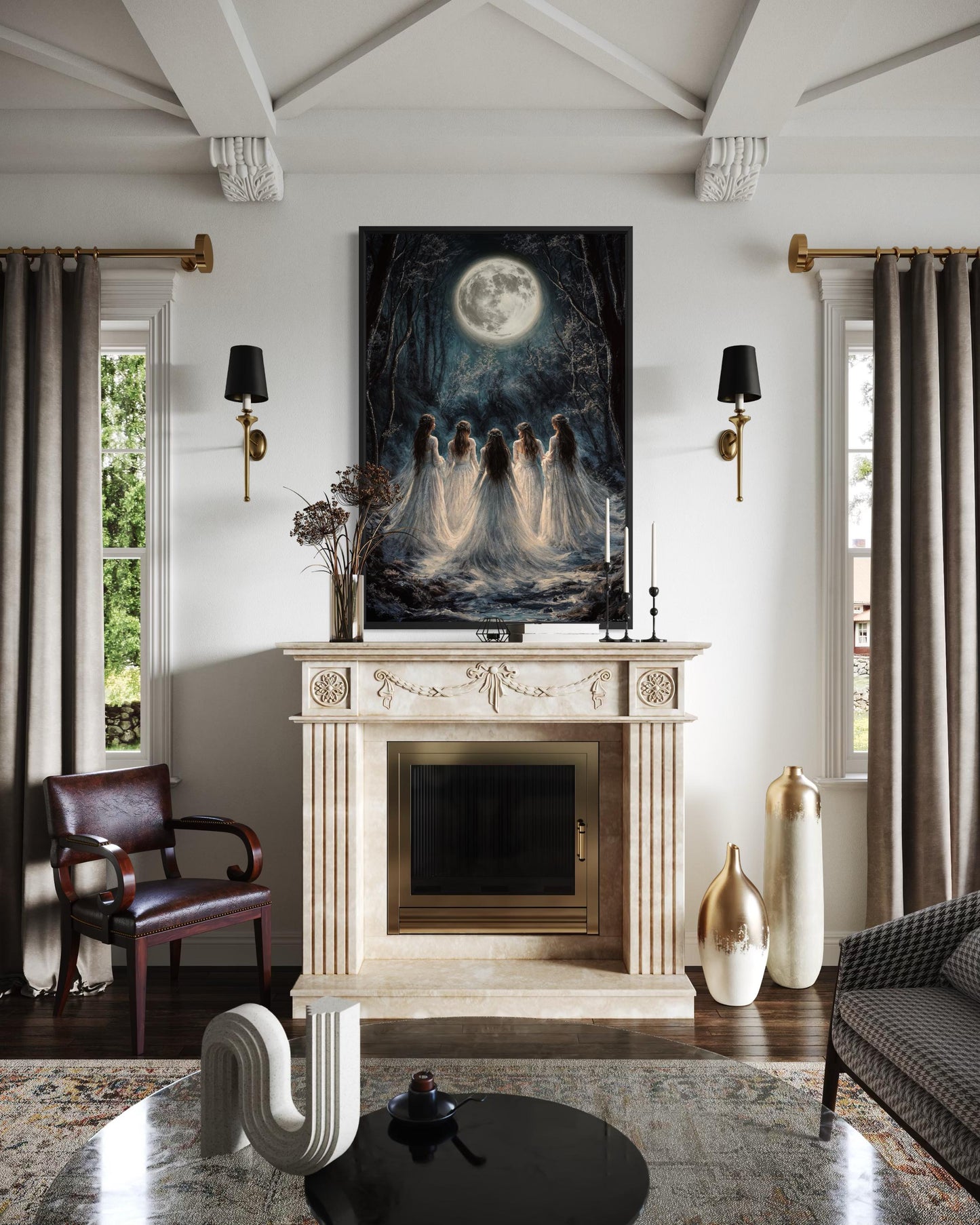 Moon Calling Wall Art - Gothic Witches In The Forest Vertical Canvas Print