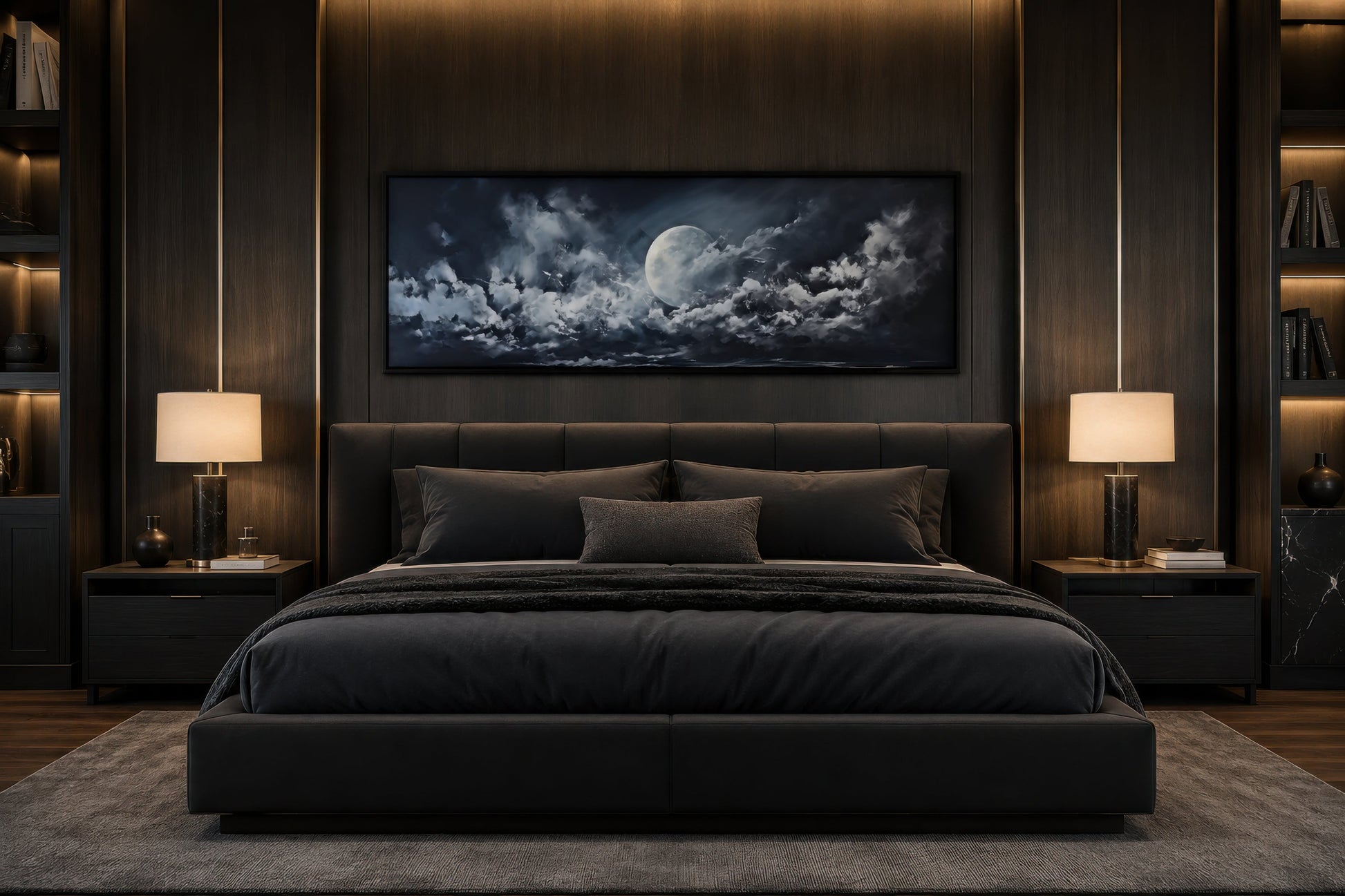 Moon And Cloudy Sky Horizontal Framed Canvas Wall Art