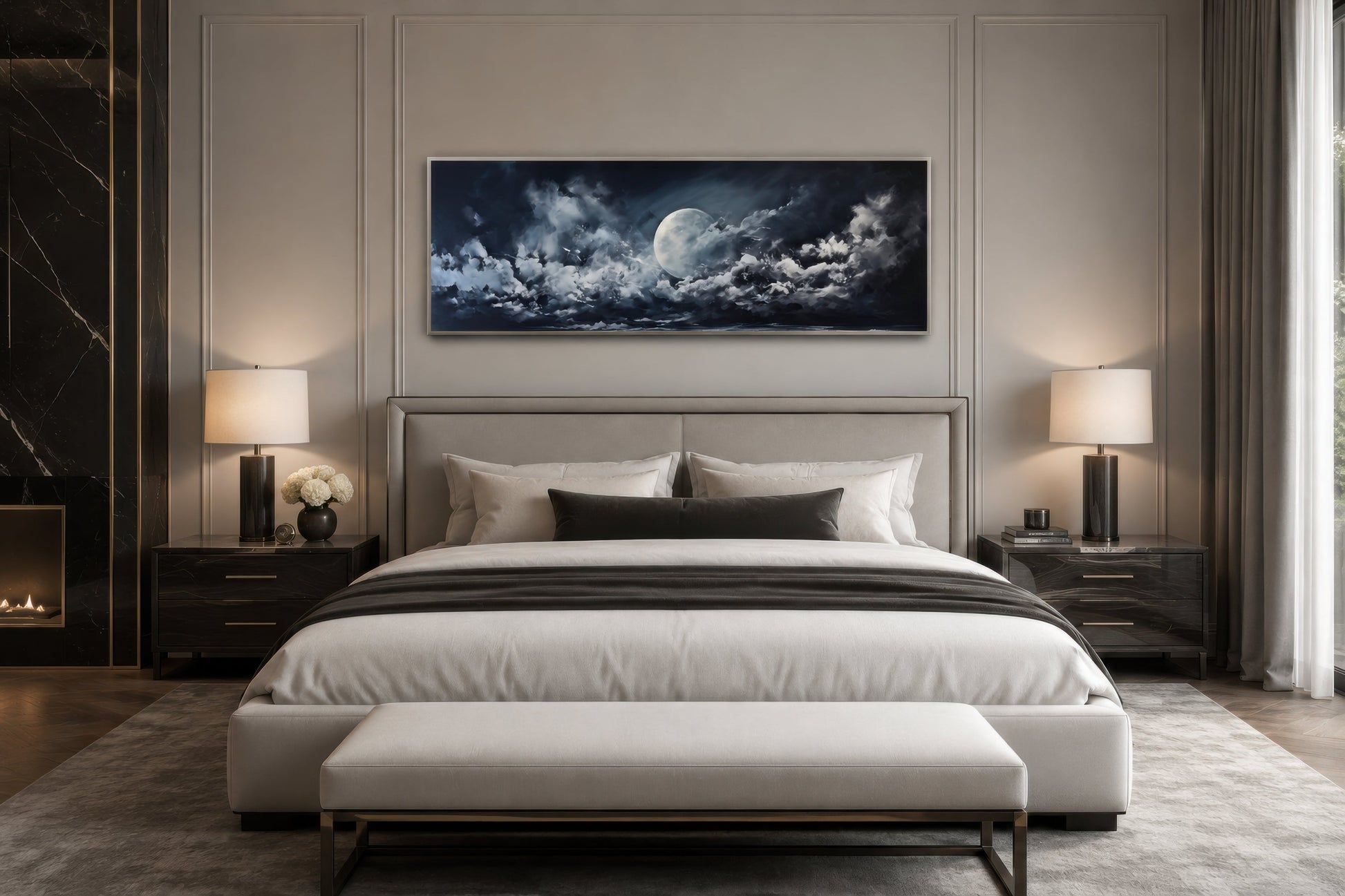 Moon And Cloudy Sky Horizontal Framed Canvas Wall Art
