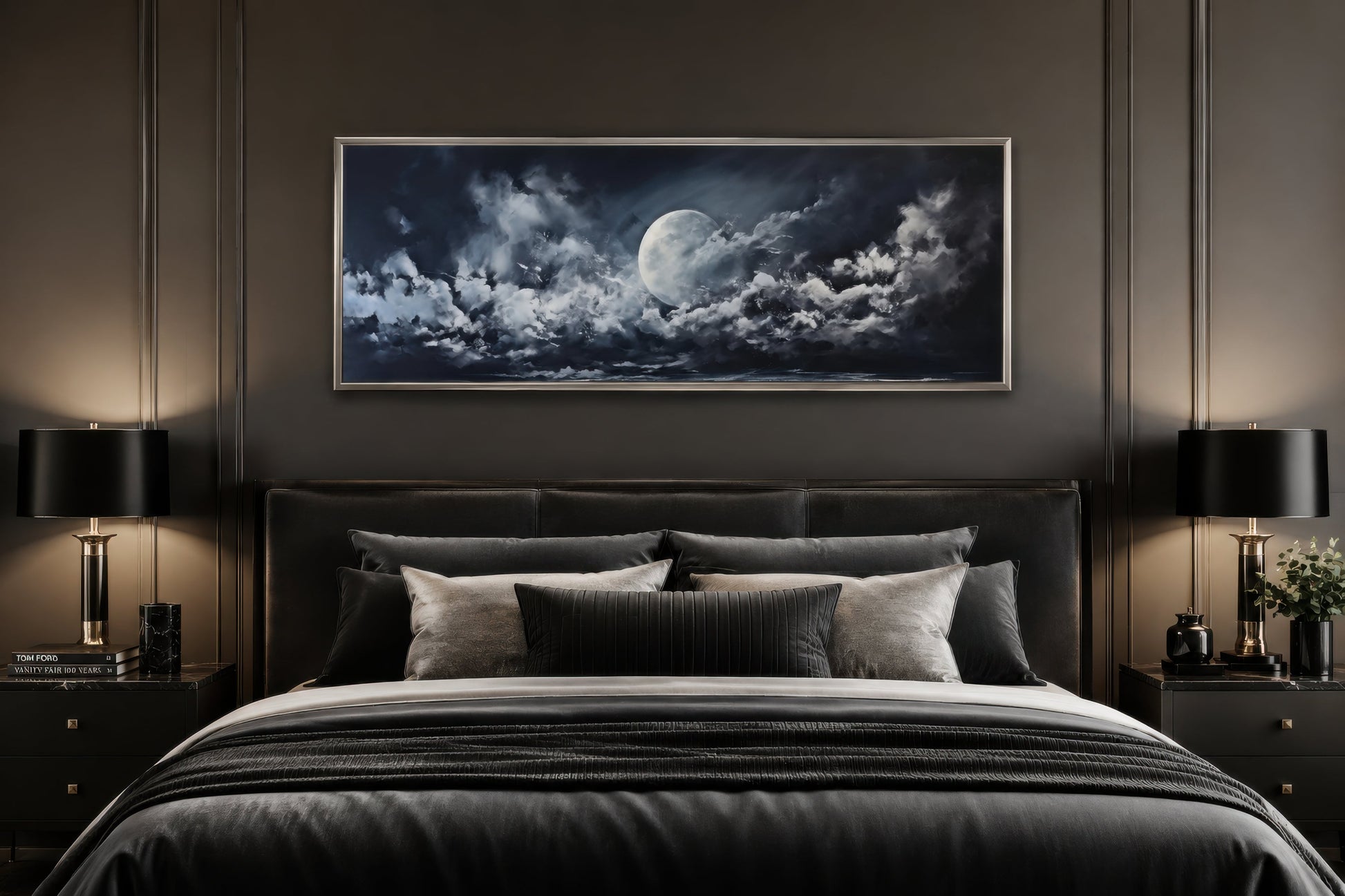Moon And Cloudy Sky Horizontal Framed Canvas Wall Art