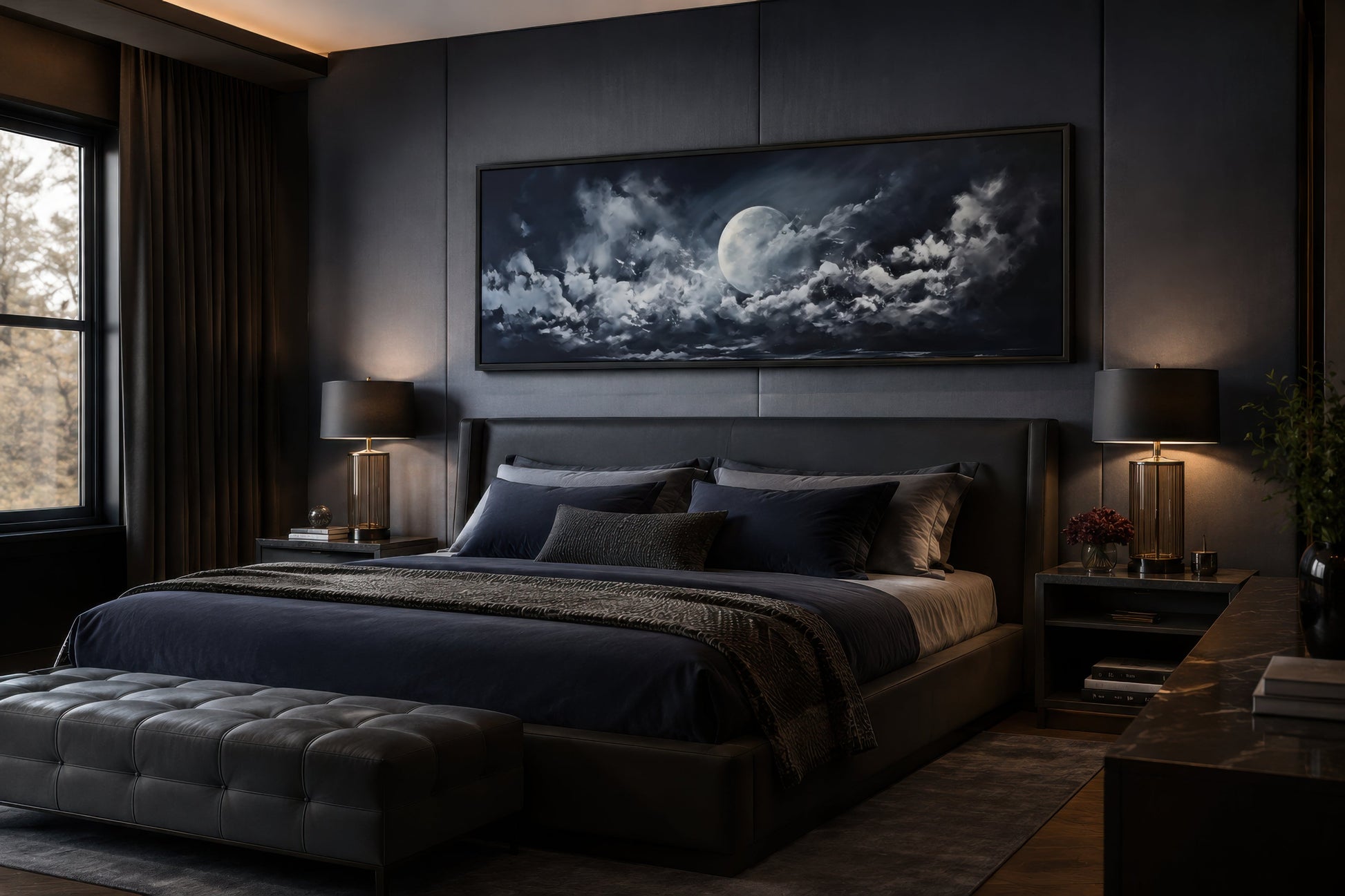 Moon And Cloudy Sky Horizontal Framed Canvas Wall Art