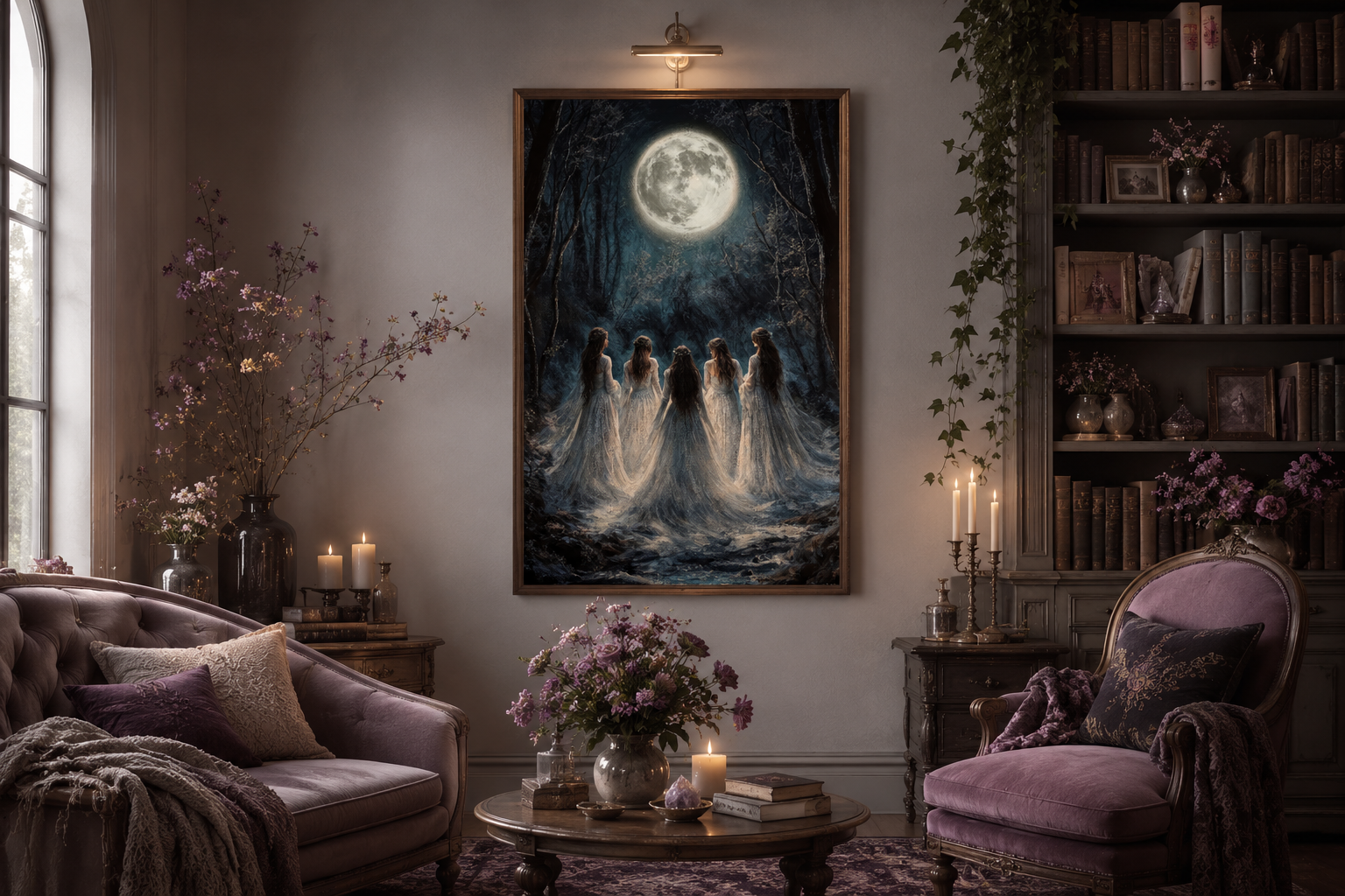 Moon Calling Wall Art - Gothic Witches In The Forest Vertical Canvas Print