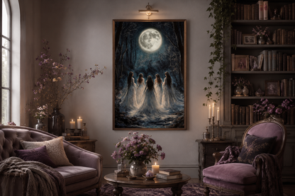 Moon Calling Wall Art - Gothic Witches In The Forest Vertical Canvas Print