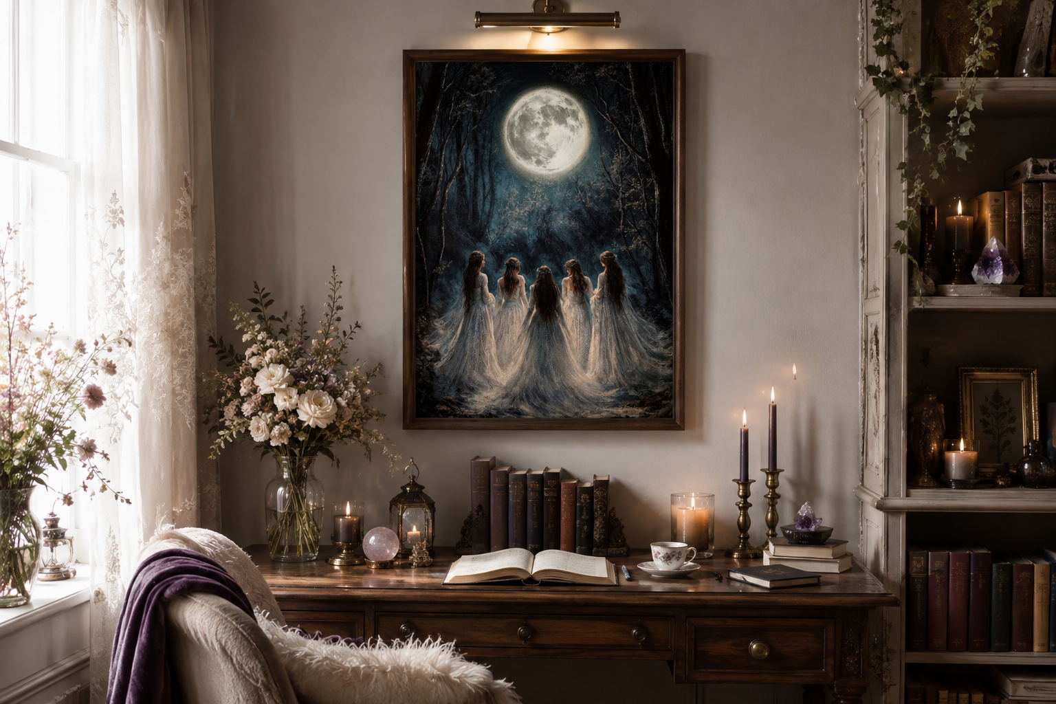 Moon Calling Wall Art - Gothic Witches In The Forest Vertical Canvas Print