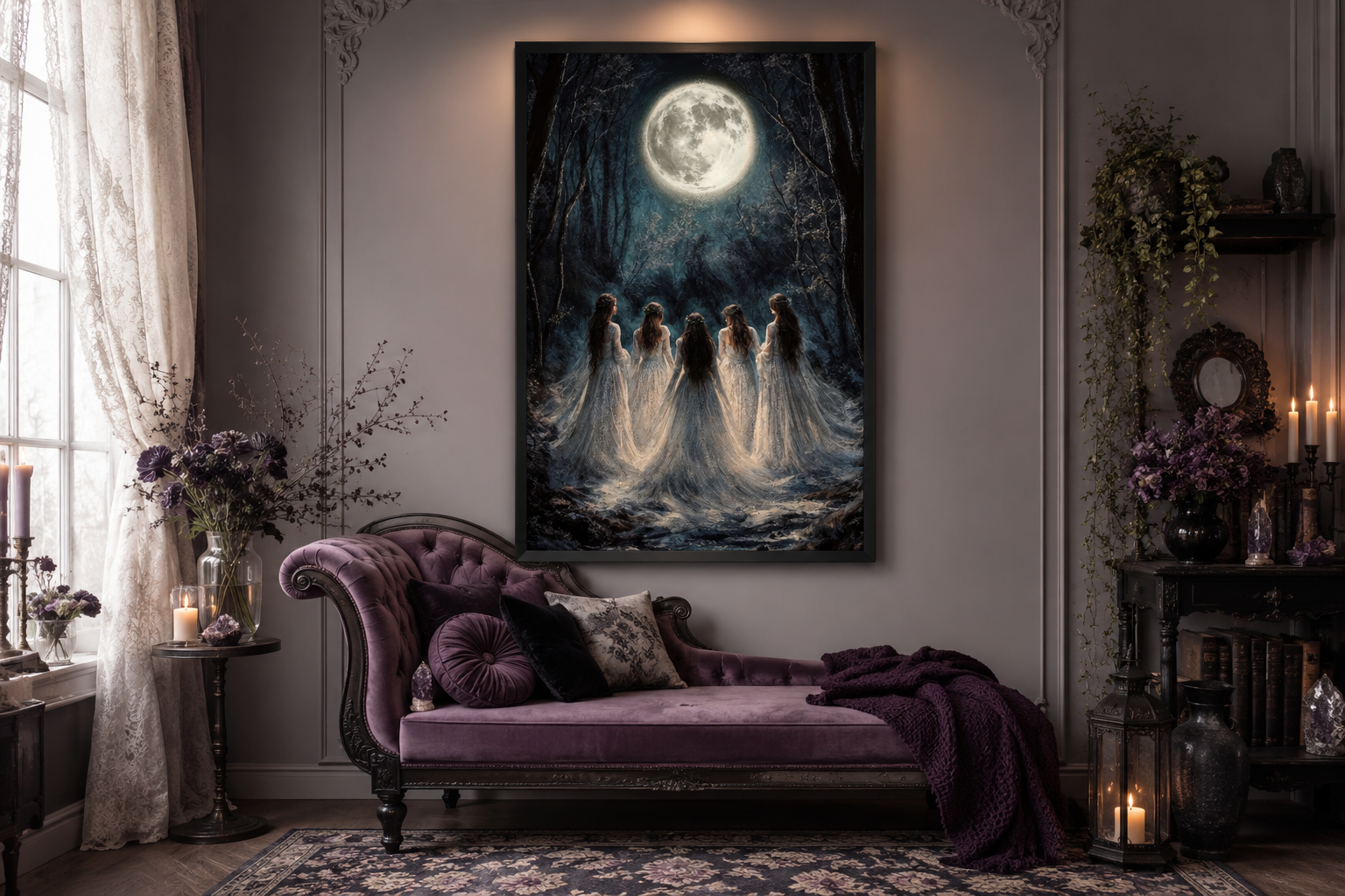 Moon Calling Wall Art - Gothic Witches In The Forest Vertical Canvas Print