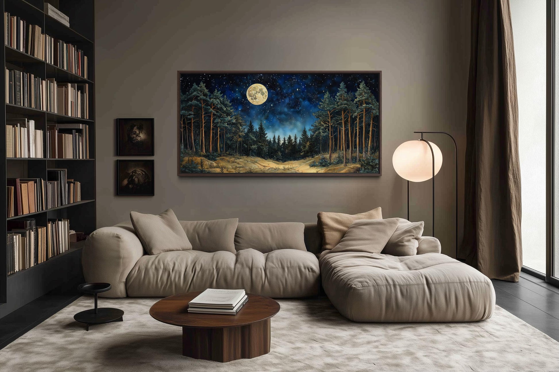 Moonlit Pine Trees Forest Wall Art with Full Moon and Starry Sky For Cabin Decor