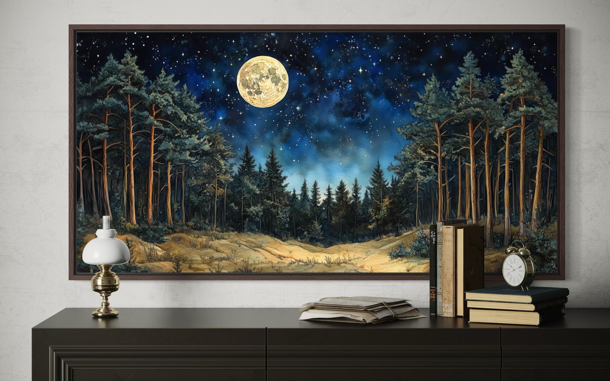Moonlit Pine Trees Forest Wall Art with Full Moon and Starry Sky For Cabin Decor