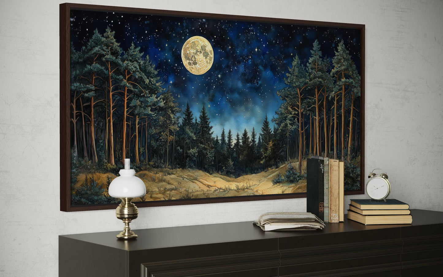 Moonlit Pine Trees Forest Wall Art with Full Moon and Starry Sky For Cabin Decor
