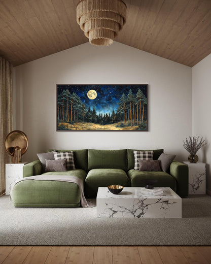 Moonlit Pine Trees Forest Wall Art with Full Moon and Starry Sky For Cabin Decor