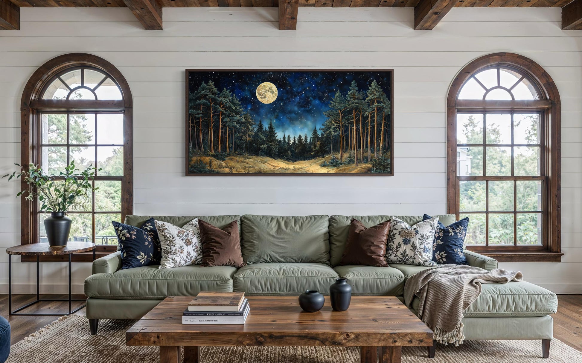 Moonlit Pine Trees Forest Wall Art with Full Moon and Starry Sky For Cabin Decor