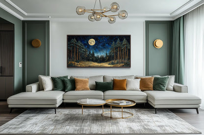 Moonlit Pine Trees Forest Wall Art with Full Moon and Starry Sky For Cabin Decor