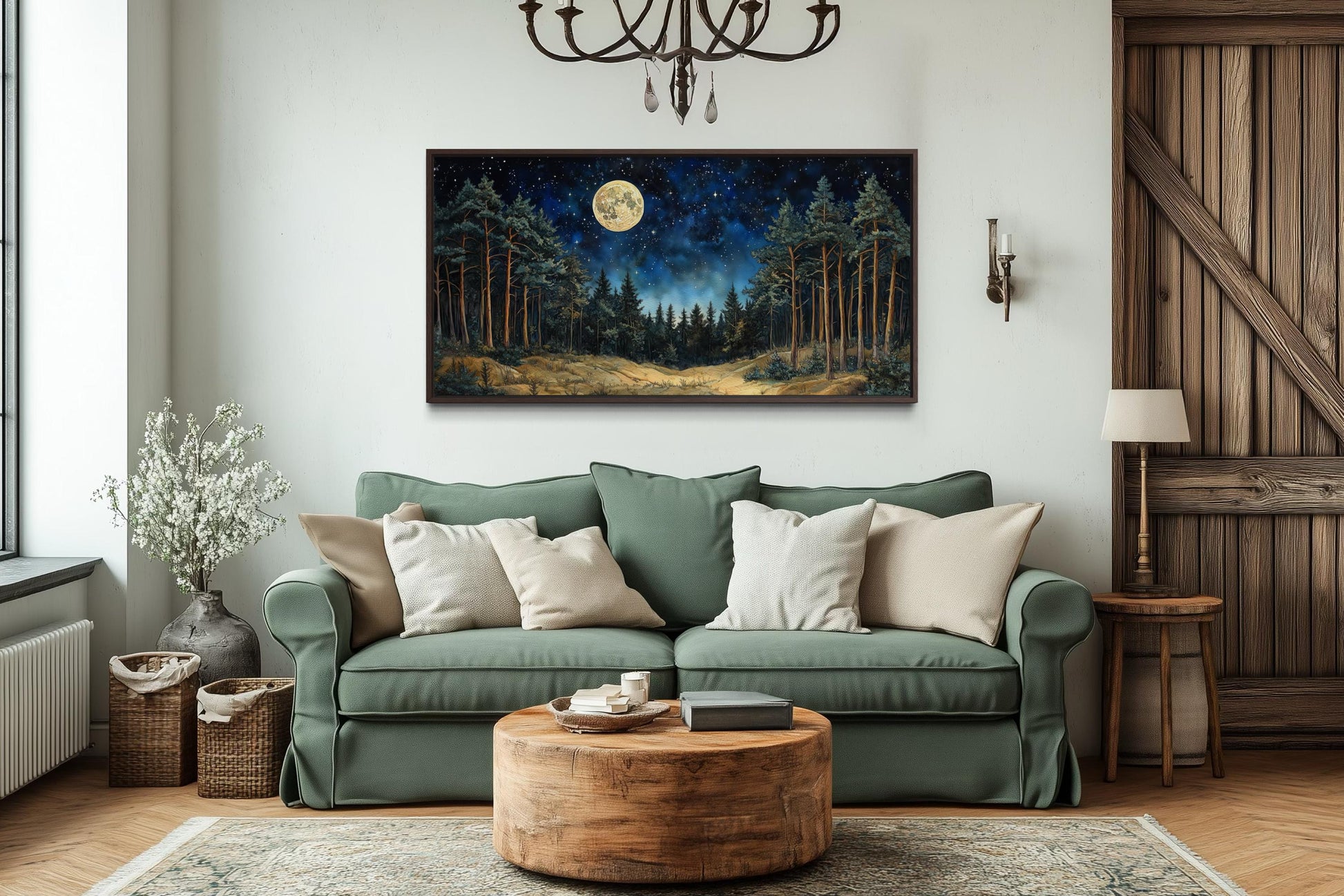 Moonlit Pine Trees Forest Wall Art with Full Moon and Starry Sky For Cabin Decor