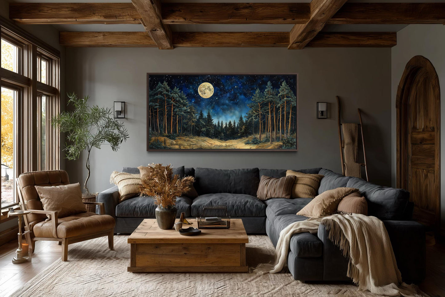 Moonlit Pine Trees Forest Wall Art with Full Moon and Starry Sky For Cabin Decor