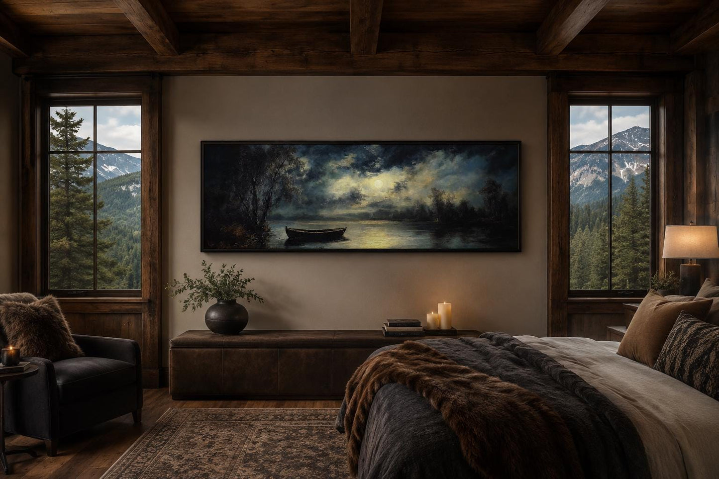 Moonlit Rowboat And Lake Landscape Long Narrow Canvas Wall Art For Cabin Decor